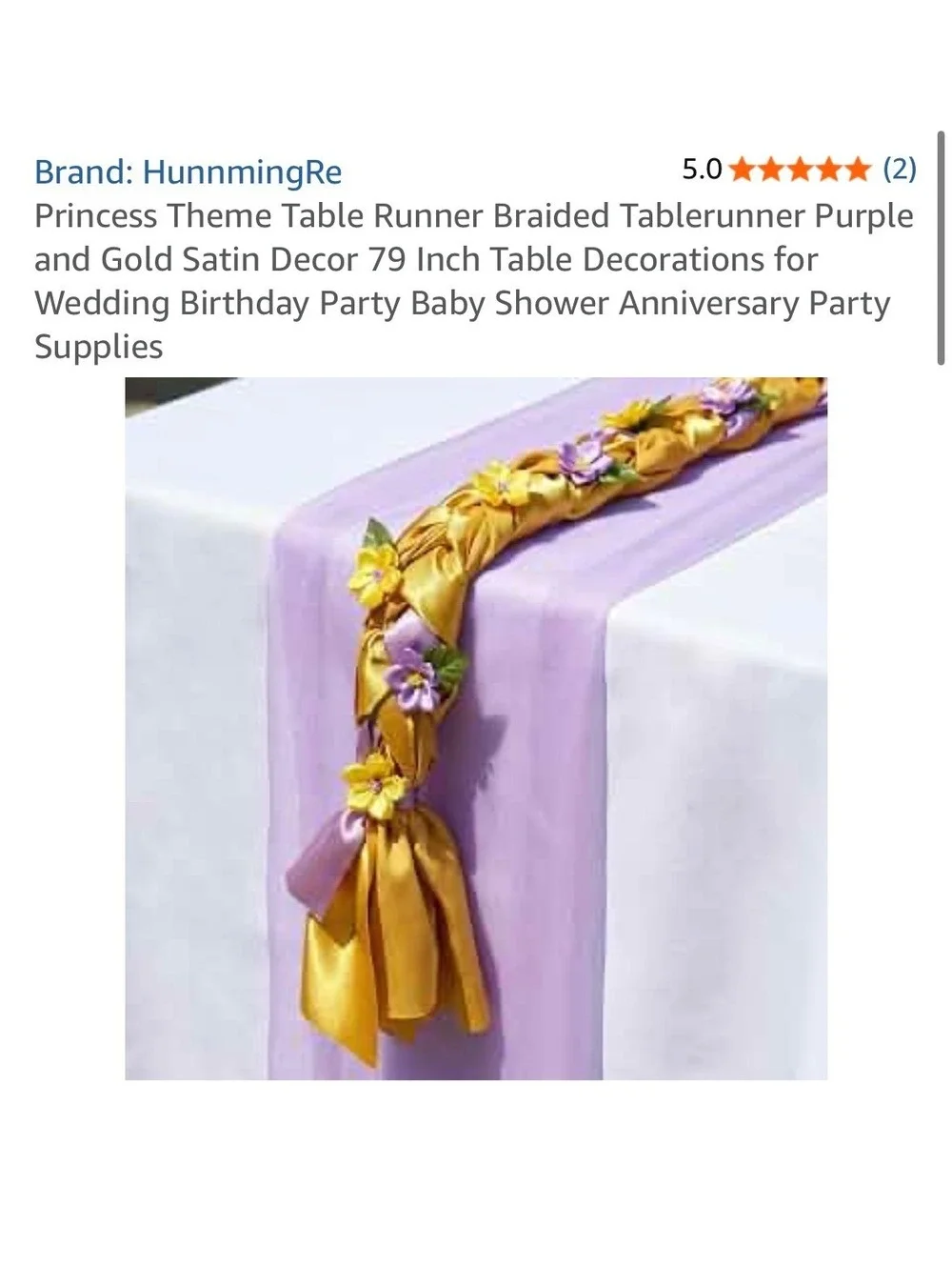NWT Princess Theme Braided Table Runner Purple and Gold Satin 79 Inch